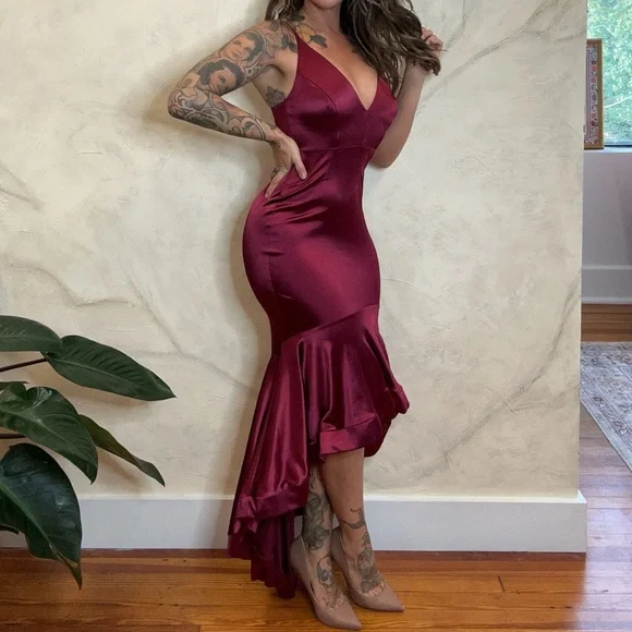 Fashion Nova Burgundy High Low Dress - Picture 2 of 3